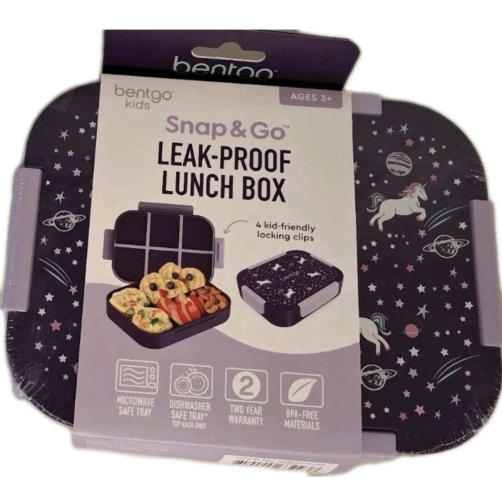 New Bentgo Kids Snap & Go Leak-Proof Lunch Box - Purple W/Unicorn In Galaxy.